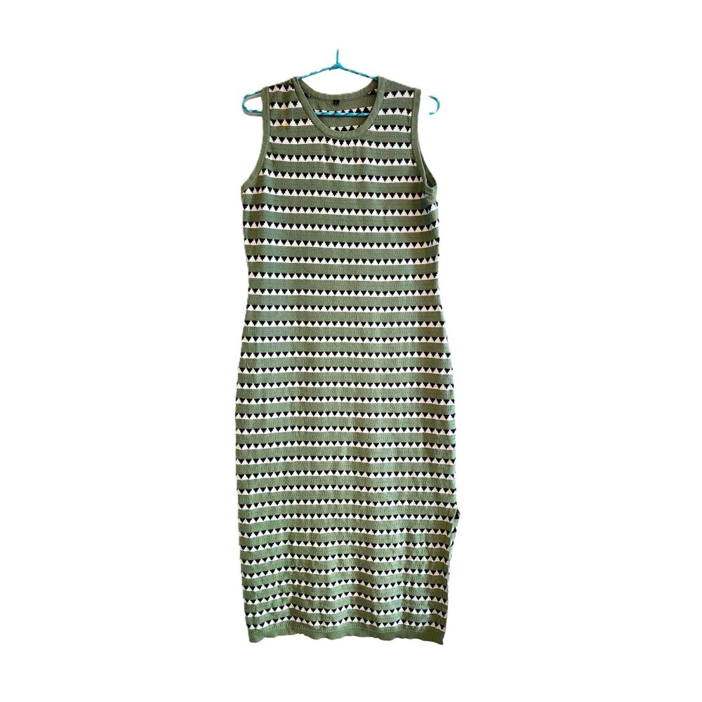 Sage Green Midi Knit Dress by Ouges - Geometric Pattern - Size Large
